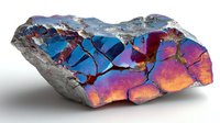 Vibrant iridescent titanium quartz crystal with metallic blue, purple, and pink hues on white background, showcasing natural mineral formation.