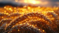 Golden wheat ears against sunset light with magical bokeh effect and glowing sparkles, creating dreamy agricultural landscape at harvest time. Nature backdrop for farming themes.