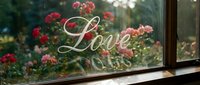Love written in elegant script on a window with blooming pink and red roses in the soft garden background, romantic mood.