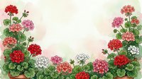 Watercolor geranium flowers border with red, pink and white blooms and green leaves on soft pastel background with copy space.