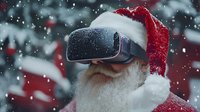 Santa Claus wearing virtual reality VR headset in snowy winter scene with falling snowflakes, modern Christmas concept showing technology meets tradition.