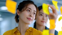 Young Asian businesswoman in yellow blouse smiling confidently while colleague places sticky notes on glass wall during creative office brainstorming session.