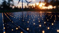 Solar panels array with golden sunlight reflections creating mesmerizing pattern at sunset, renewable energy concept with dramatic sky and bokeh light effect.