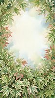 Watercolor foliage frame with variegated green and red leaves creating a botanical border around a blank cream and blue center space, ideal for greeting cards and design layouts.