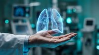 Doctor's hand holding glowing lung hologram in modern hospital setting with medical equipment, representing respiratory health, pulmonology, and advanced healthcare technology.