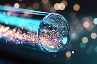 Magical glowing particles flowing from glass tube with turquoise and pink sparkles against dark background with bokeh lights, creating ethereal laboratory atmosphere.