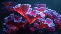 Vibrant pink and purple coral formations illuminated against dark blue underwater background, creating dramatic contrast for marine life documentation.