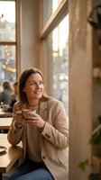 Young professional Caucasian woman enjoying coffee break in modern cafe during golden hour. Business casual attire, warm natural lighting for lifestyle content.