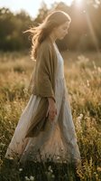 Young Caucasian woman in linen dress standing in wildflower meadow at golden hour sunset, contemplative pose with long hair flowing, natural outdoor portrait for lifestyle and editorial use.