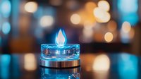 Glowing blue LED tealight candle on reflective surface with soft bokeh background creates peaceful ambiance for spa, meditation or romantic setting.