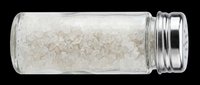 Sea salt crystals in glass shaker jar with metal lid, isolated on transparent background. Ready for culinary, cooking, food packaging, recipe blogs, restaurant menus, print-on-demand products, and kitchen design projects.
