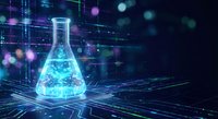 Digital laboratory flask with glowing blue liquid on futuristic circuit board background for scientific research and technology innovation concepts.