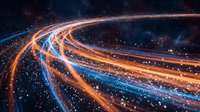 Abstract digital light trails flowing through space with glowing particles and cosmic energy streams for technology and futuristic design concepts.