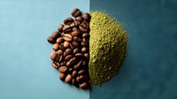 Contrasting coffee beans and ground matcha powder forming circular shape on teal background, showcasing beverage ingredients for cafes and culinary use.