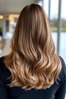 Back view of long wavy blonde hair with natural balayage highlights showing professional salon styling result, demonstrating modern hair coloring technique.