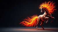 Majestic fire horse with flaming mane and tail rearing on dark background. Fantasy creature with glowing orange flames for gaming and mythology designs.