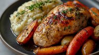 Golden roasted chicken breast with herbs served alongside creamy mashed potatoes and colorful bell peppers in cast iron skillet for home cooking recipes.