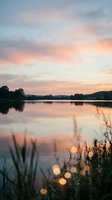 Serene lake at sunset with pink and orange sky reflecting on calm water, surrounded by trees and marsh grasses in foreground, peaceful nature landscape.