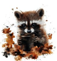 Adorable raccoon holding coffee cup with autumn leaves and watercolor splashes on white background, artistic wildlife illustration for decor and prints.