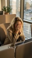 Stressed blonde businesswoman covering face with hands sitting at office desk experiencing workplace burnout and mental health challenges.