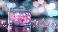 Glass jar filled with small pink heart-shaped confetti against blurred bokeh background, creating romantic mood with soft lighting and reflective surface.