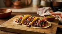 Freshly prepared tacos with seasoned meat, vibrant vegetables, and toppings arranged on wooden board in rustic kitchen setting for food photography and culinary content.