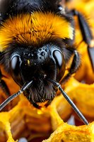 Extreme close-up macro photograph of bumblebee head with detailed view of compound eyes, antennae, and fuzzy orange-yellow fur against honeycomb background.