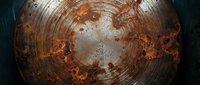 Rusty metal surface with concentric circular patterns and oxidized copper tones, weathered industrial texture for backgrounds and design projects.