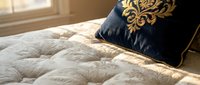 Luxurious bedroom setting with quilted beige comforter and decorative navy pillow featuring gold damask pattern, bathed in natural sunlight from window for home decor and interior design projects.