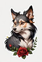Artistic wolf portrait with red rose and green leaves decoration on white background, isolated sticker style illustration for merchandise and tattoo designs.