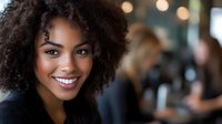Young African American businesswoman with curly hair smiling confidently in modern office environment with colleagues working in blurred background.