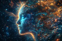 Mystical female profile with glowing particles and cosmic energy, dissolving into starry space background in blue and orange colors, representing consciousness and spirituality.