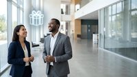 Two diverse business professionals having a conversation in a modern office lobby with large windows and contemporary architecture.