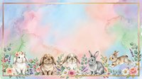 Adorable watercolor rabbits sitting in spring flower garden with pastel sky background for Easter greeting cards and seasonal decorations.