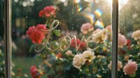 Cursive word Love written on a rainy window with colorful roses and sunlight bokeh in the background, romantic garden mood.