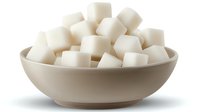 White sugar cubes stacked in ceramic bowl against neutral background, clean minimalist food photography composition with soft shadows and natural lighting.