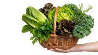 Fresh organic leafy greens and herbs in wicker basket held by hand on white background. Healthy vegetables for salads and cooking isolated.
