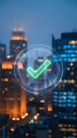 Digital checkmark hologram floating over blurred city skyline at night representing business success, approval and verification in urban environment.