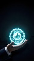 Businessman hand holding glowing neon customer satisfaction badge with thumbs up icon on dark background for service quality and client feedback concepts.