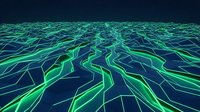 Neon green glowing circuit pathways flowing across dark digital landscape, representing data networks, technology infrastructure, and futuristic connectivity for tech concepts.