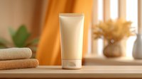 Blank cosmetic tube on wooden surface with soft orange background, towels, and decorative elements for skincare product mockup.