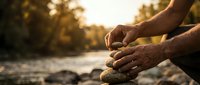 Hands carefully stacking smooth river stones in balanced cairn formation during golden hour sunset creating peaceful meditation moment by flowing water.