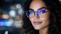 Young woman with dark wavy hair and medium skin tone wearing purple-tinted eyeglasses against blurred neon city lights at night, suitable for eyewear marketing and lifestyle content.