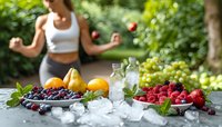 Young athletic woman in white top meditating near fresh summer fruits, berries and cold drinks with ice cubes on garden table, healthy lifestyle concept.