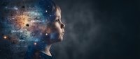 Young woman profile with glowing cosmic brain overlay showing neural networks and mathematical formulas representing artificial intelligence and learning.