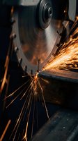 Industrial angle grinder cutting metal with bright orange sparks flying in workshop. Manufacturing metalwork process with power tool and safety equipment.