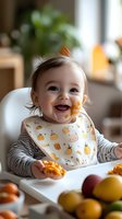 Happy baby in high chair wearing patterned bib enjoys messy first food experience with orange puree, surrounded by fresh fruits. Natural lighting creates warm atmosphere.
