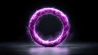Glowing purple energy ring with electric plasma effect floating above reflective surface in dark space, magical portal with particle effects and neon light.