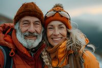 Active senior couple enjoying outdoor winter adventure, wearing orange knit beanies and jackets, sharing genuine smiles during mountain hiking trip at sunset, lifestyle portrait.