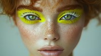 Young woman with striking neon yellow eye makeup and freckles showcasing bold creative cosmetics for fashion beauty editorial and artistic expression.
